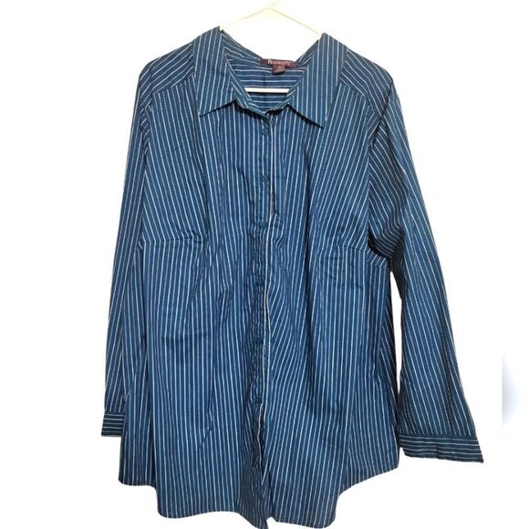 Roaman's Blue & White Button Down Long Sleeve Womens Blouse, Plus Size 28W - Picture 1 of 7
